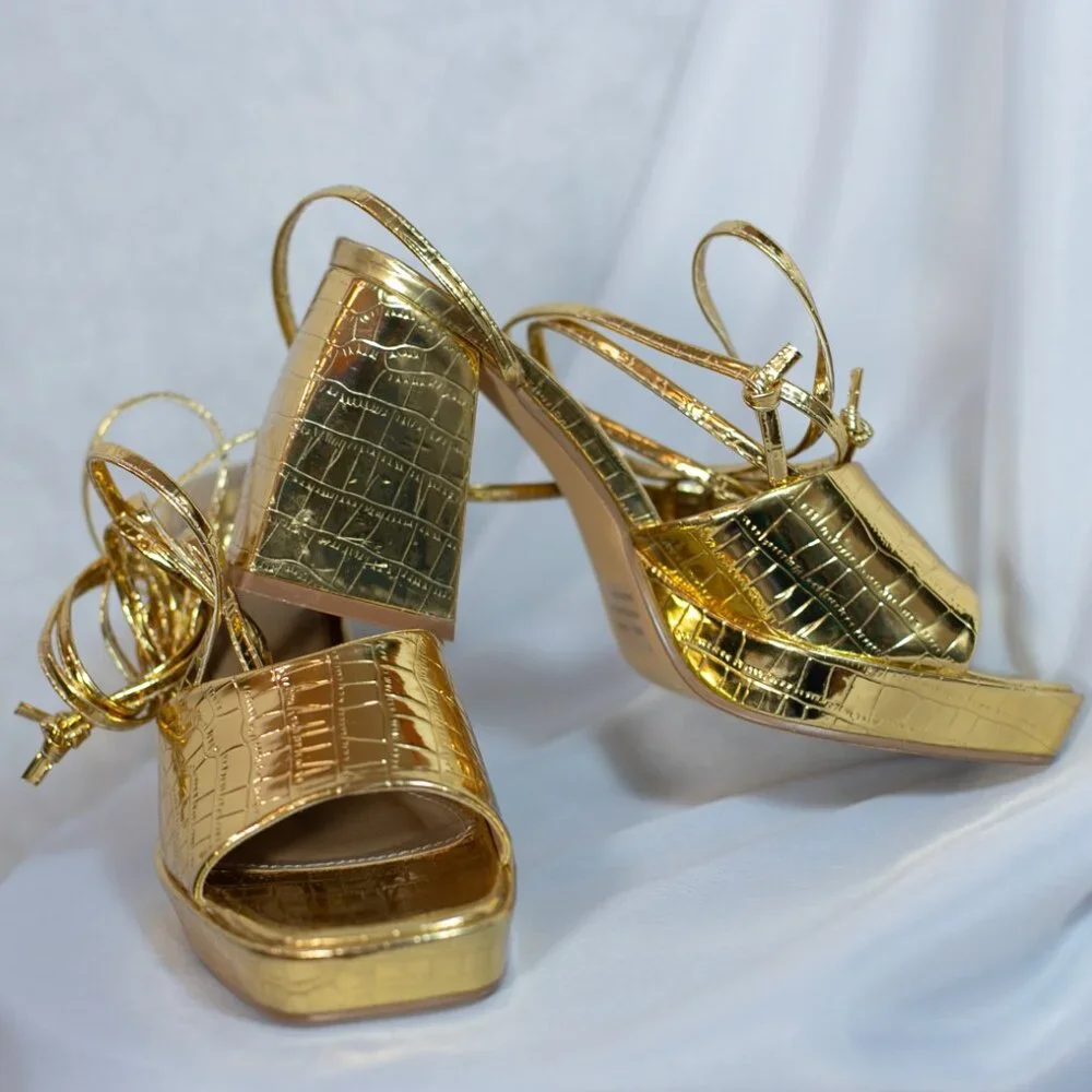 EGO Dreamer Womens Gold Croc Block Platform Heels Shoes Lace Up Size US 8M